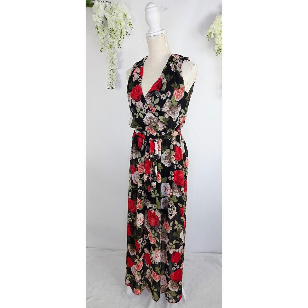 Disney Beauty Beast Maxi Dress S Black Floral Wrap Tie Cottage Romantic Feminine - Picture 2 of 16